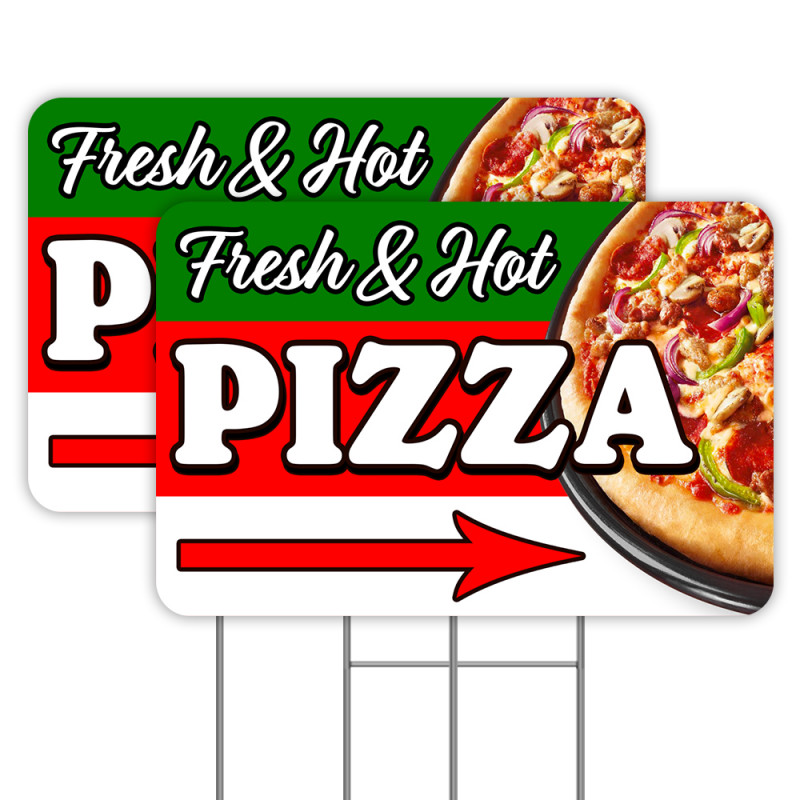 2 Pack Fresh Hot Pizza (Arrow) Yard Sign 16" x 24" - Double-Sided Print, with Metal Stakes 841098142605