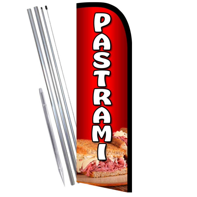 Pastrami Premium Windless Feather Flag Bundle (11.5' Tall Flag, 15' Tall  Flagpole, Ground Mount Stake) Printed in the USA 841098