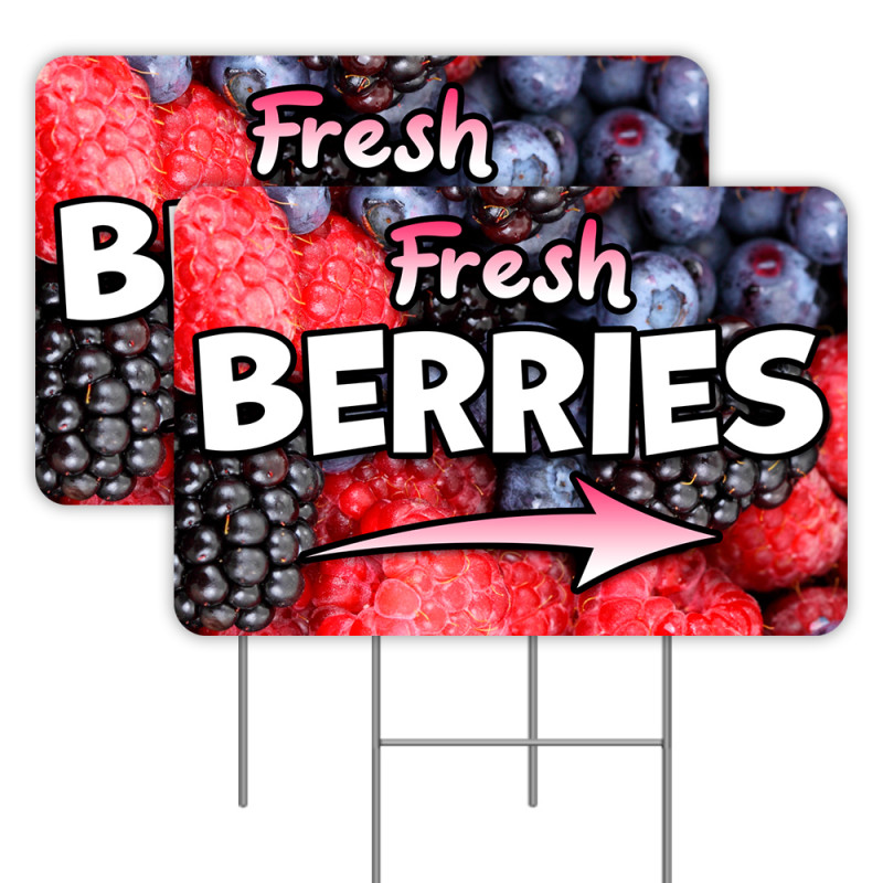2 Pack FRESH BERRIES Yard Signs 16" x 24" - Double-Sided Print, with Metal Stakes 841098102012