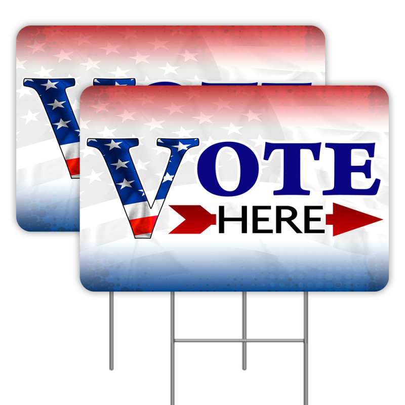 2 Pack Vote Here Yard Signs 16" x 24" - Double-Sided Print, with Metal Stakes 841098109721