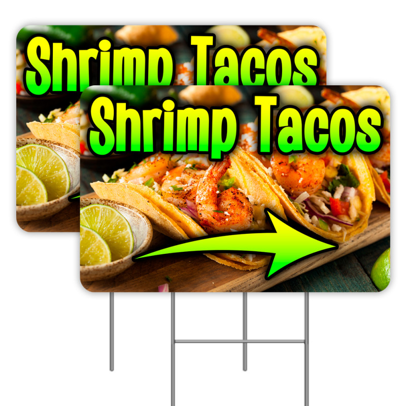 2 Pack Shrimp Tacos Yard Signs 16" x 24" - Double-Sided Print, with Metal Stakes 841098109769