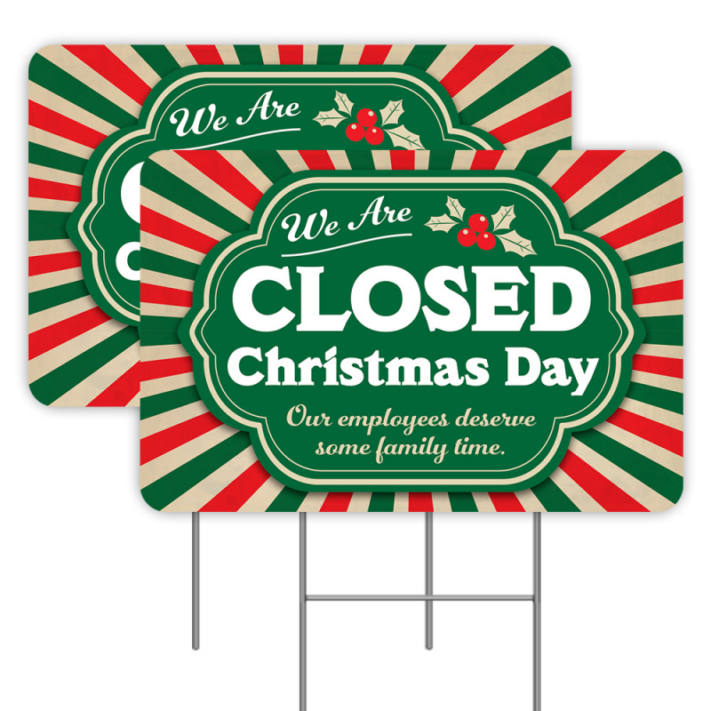 2 Pack Closed Christmas Day Yard Signs 16" x 24" - Double-Sided Print, with Metal Stakes 841098109837