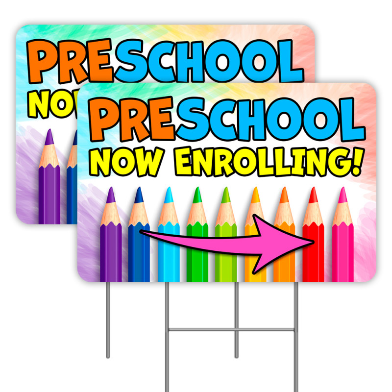 2 Pack PRESCHOOL NOW ENROLLING Yard Signs 16" x 24" - Double-Sided Print, with Metal Stakes 841098109936
