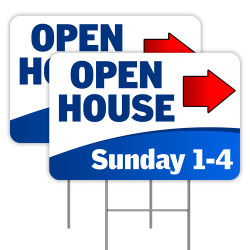 2 Pack OPEN HOUSE Sunday 1-4 Yard Signs 16" x 24" - Double-Sided Print, with Metal Stakes 841098110109