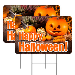 2 Pack Happy Halloween Yard Signs 16" x 24" - Double-Sided Print, with Metal Stakes 841098110154