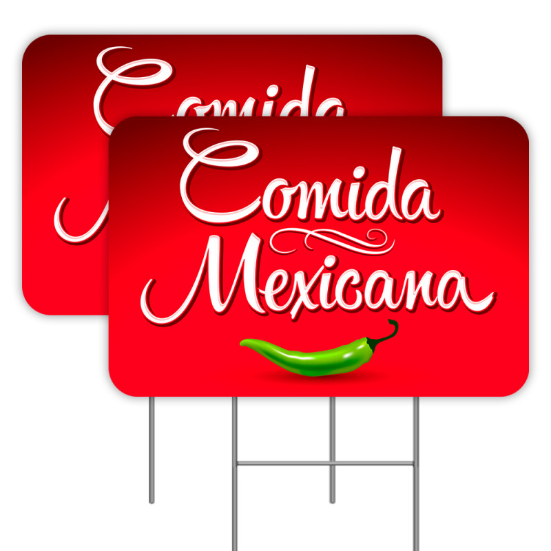 2 Pack Comida Mexicana Yard Signs 16" x 24" - Double-Sided Print, with Metal Stakes 841098110215
