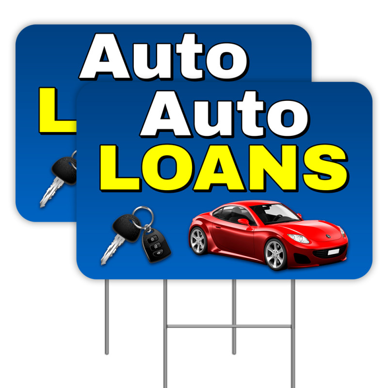 2 Pack Auto Loans Yard Signs 16" x 24" - Double-Sided Print, with Metal Stakes 841098110291