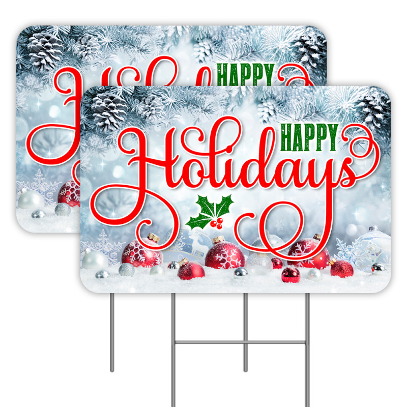 2 Pack Happy Holidays Yard Signs 16" x 24" - Double-Sided Print, with Metal Stakes 841098110529