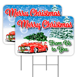 2 Pack Merry Christmas From Us To You Yard Signs 16" x 24" - Double-Sided Print, with Metal Stakes 841098110550