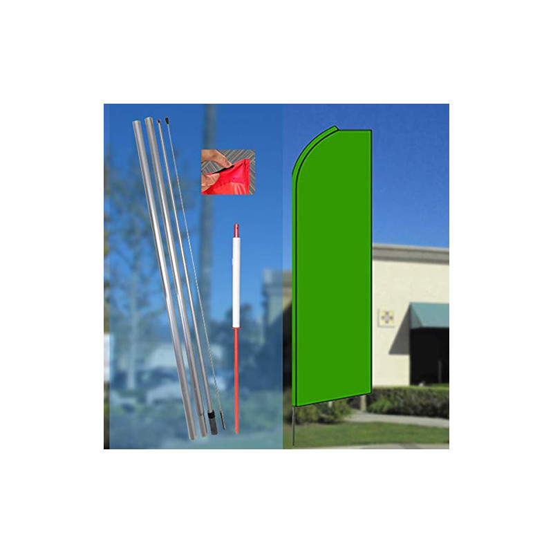 Solid Green Flutter Feather Flag Bundle (11.5' Tall Flag, 15' Tall Flagpole, Ground Mount Stake)
