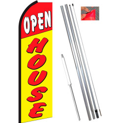Open House (Red/Yellow) Flutter Feather Flag Bundle (11.5' Tall Flag, 15' Tall Flagpole, Ground Mount Stake)
