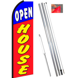 Open House (Blue/Red) Flutter Feather Flag Bundle (11.5' Tall Flag, 15' Tall Flagpole, Ground Mount Stake)