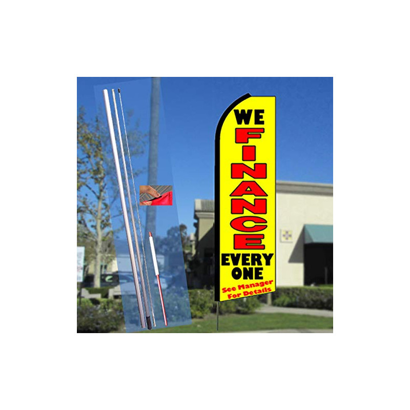 WE Finance Everyone (Yellow) Flutter Feather Flag Bundle (11.5' Tall Flag, 15' Tall Flagpole, Ground Mount Stake)