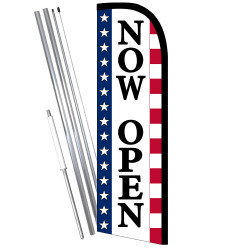 NOW OPEN (STARS & STRIPES) FLUTTER Feather Flag Bundle (11.5' Tall Flag, 15' Tall Flagpole, Ground Mount Stake)