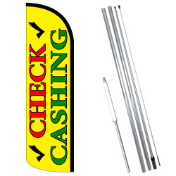 Vista Flags Check CASHING (Yellow) Windless Feather Flag Bundle (11.5' Tall Flag, 15' Tall Flagpole, Ground Mount Stake)