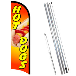 Vista Flags HOT Dogs Premium Windless Feather Flag Bundle (11.5' Tall Flag, 15' Tall Flagpole, Ground Mount Stake)
