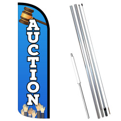 Vista Flags Auction (Blue) Premium Windless Feather Flag Bundle (11.5' Tall Flag, 15' Tall Flagpole, Ground Mount Stake)