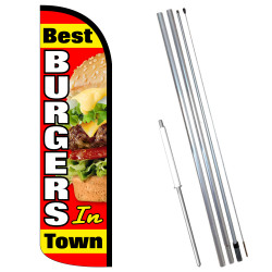 Vista Flags Best Burgers in Town Premium Windless Feather Flag Bundle (11.5' Tall Flag, 15' Tall Flagpole, Ground Mount Stake)