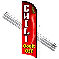 Vista Flags Chili Cook Off Premium Windless Feather Flag Bundle (11.5' Tall Flag, 15' Tall Flagpole, Ground Mount Stake)