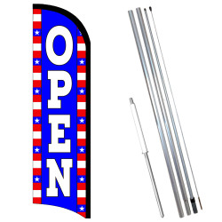 Vista Flags Open Patriotic Premium Windless Feather Flag Bundle (11.5' Tall Flag, 15' Tall Flagpole, Ground Mount Stake)