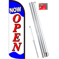 NOW OPEN (Blue/Red/White) Windless Feather Flag Bundle (11.5' Tall Flag, 15' Tall Flagpole, Ground Mount Stake)
