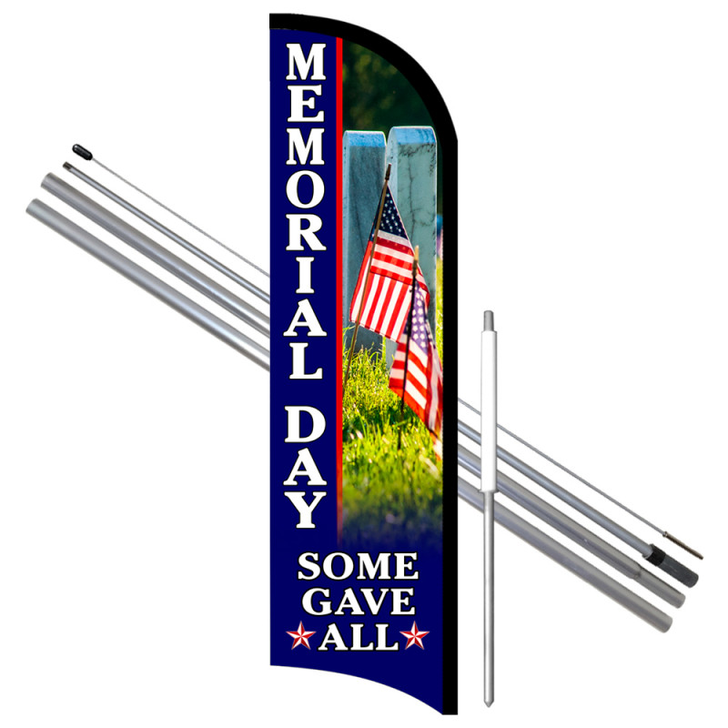 Memorial Day (Blue) Premium Windless Feather Flag Bundle (11.5' Tall Flag, 15' Tall Flagpole, Ground Mount Stake)