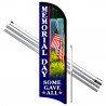 Memorial Day (Blue) Premium Windless Feather Flag Bundle (11.5' Tall Flag, 15' Tall Flagpole, Ground Mount Stake)