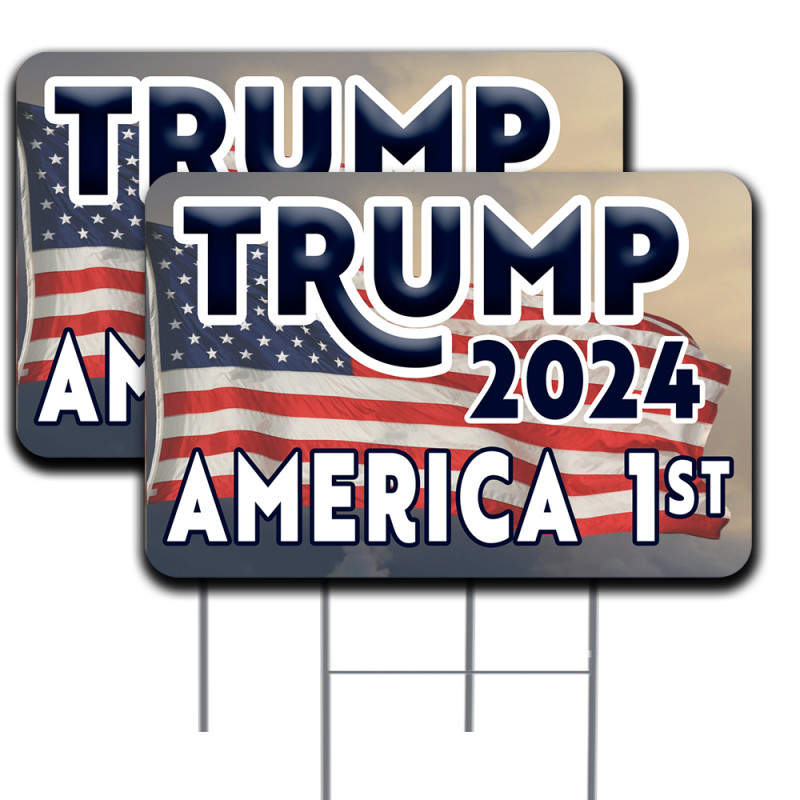Trump 2024 America First 2 Pack Double-Sided Yard Signs 16" x 24" with Metal Stakes (Made in The USA)