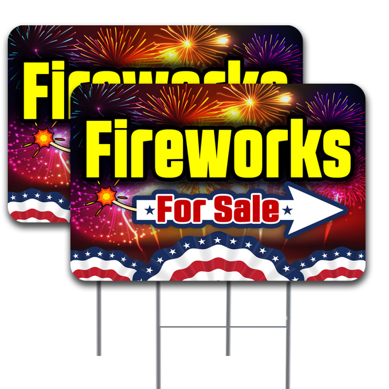 Vista Products 2 Pack Fireworks for Sale (Arrow) Yard Sign 16" x 24" - Double-Sided Print, with Metal Stakes 841098169657
