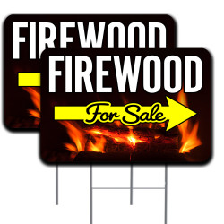 Firewood For Sale Arrow 2 Pack Double-Sided Yard Signs 16" x 24" with Metal Stakes (Made in Texas)