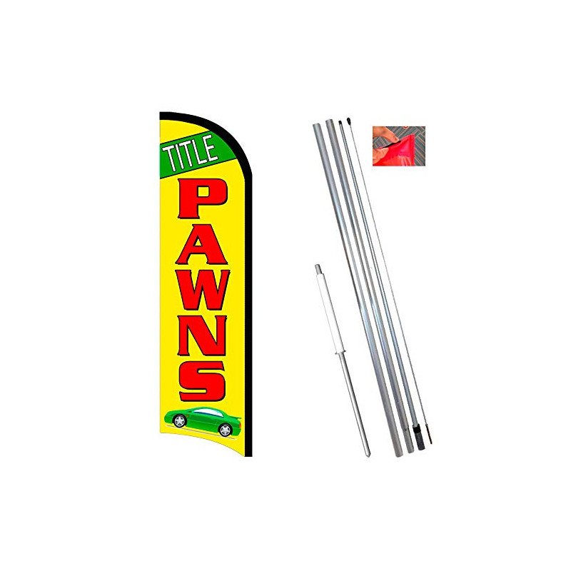 Title Pawns Windless Feather Flag Bundle (11.5' Tall Flag, 15' Tall Flagpole, Ground Mount Stake)