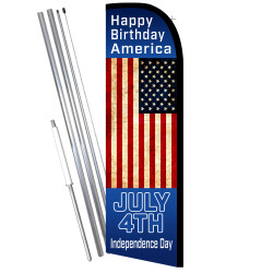 Vista Flags Happy Birthday America July 4th Premium Windless Feather Flag Bundle (11.5' Tall Flag, 15' Tall Flagpole, Ground Mou