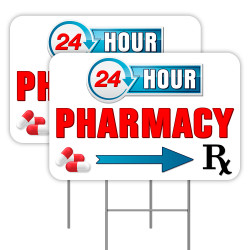 2 Pack 24 Hour Pharmacy Yard Signs 16" x 24" - Double-Sided Print, with Metal Stakes 841098101879