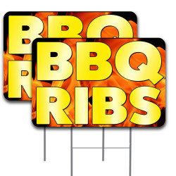2 Pack BBQ Ribs Yard Sign 16" x 24" - Double-Sided Print, with Metal Stakes 841098106560