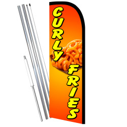 Curly Fries Premium Windless Feather Flag Bundle (11.5' Tall Flag, 15' Tall Flagpole, Ground Mount Stake) Printed in the USA 841