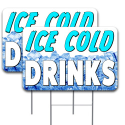 2 Pack Ice Cold Drinks Sign 16" x 24" - Double-Sided Print, with Metal Stakes 841098145019