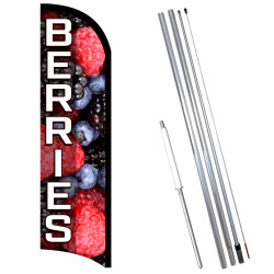 BERRIES Premium Windless Feather Flag Bundle (11.5' Tall Flag, 15' Tall Flagpole, Ground Mount Stake)