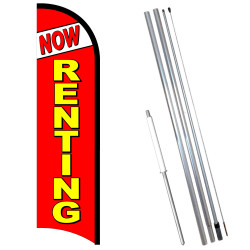 Vista Flags Now Renting Premium Windless Feather Flag Bundle (11.5' Tall Flag, 15' Tall Flagpole, Ground Mount Stake)