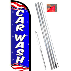 Car Wash (Patriotic) Windless Feather Flag Bundle (11.5' Tall Flag, 15' Tall Flagpole, Ground Mount Stake)