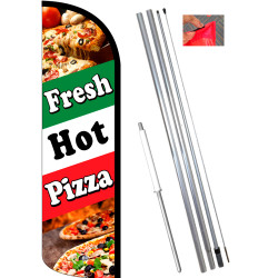 Vista Flags Fresh Hot Pizza (Tri-Color) Windless Feather Flag Bundle (11.5' Tall Flag, 15' Tall Flagpole, Ground Mount Stake) 84
