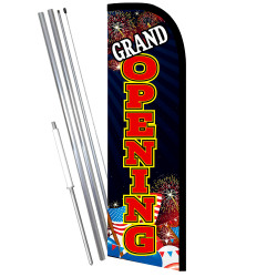 Grand Opening (Fireworks) Premium Windless Feather Flag Bundle (11.5' Tall Flag, 15' Tall Flagpole, Ground Mount Stake) Printed 
