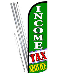 Income Tax Service (Green/White) Windless Feather Flag Bundle (11.5' Tall Flag, 15' Tall Flagpole, Ground Mount Stake)