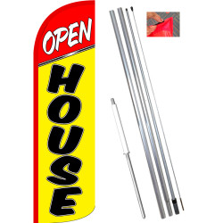 Open House (Red/Yellow) Windless Feather Flag Bundle (11.5' Tall Flag, 15' Tall Flagpole, Ground Mount Stake)