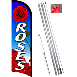 Roses Premium Windless Feather Flag Bundle (11.5' Tall Flag, 15' Tall Flagpole, Ground Mount Stake)