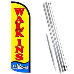 Walk-ins Welcome Windless Feather Flag Bundle (11.5' Tall Flag, 15' Tall Flagpole, Ground Mount Stake) 841098153939