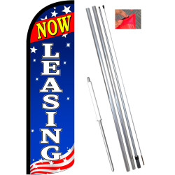 Vista Flags Now Leasing (Blue/White/Stars) Windless Feather Flag Bundle (11.5' Tall Flag, 15' Tall Flagpole, Ground Mount Stake)