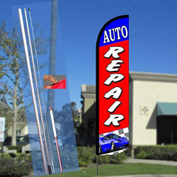 AUTO REPAIR Windless Feather Flag Bundle (11.5' Tall Flag, 15' Tall Flagpole, Ground Mount Stake)