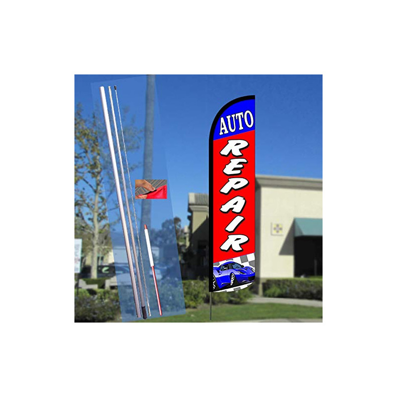 AUTO REPAIR Windless Feather Flag Bundle (11.5' Tall Flag, 15' Tall
