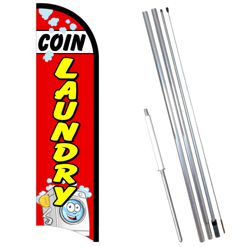 Vista Flags Coin Laundry Premium Windless Feather Flag Bundle (11.5' Tall Flag, 15' Tall
