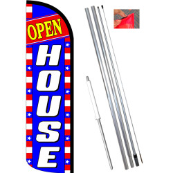 Open House (Blue/White/Stars) Windless Feather Flag Bundle (11.5' Tall Flag, 15' Tall Flagpole, Ground Mount Stake)
